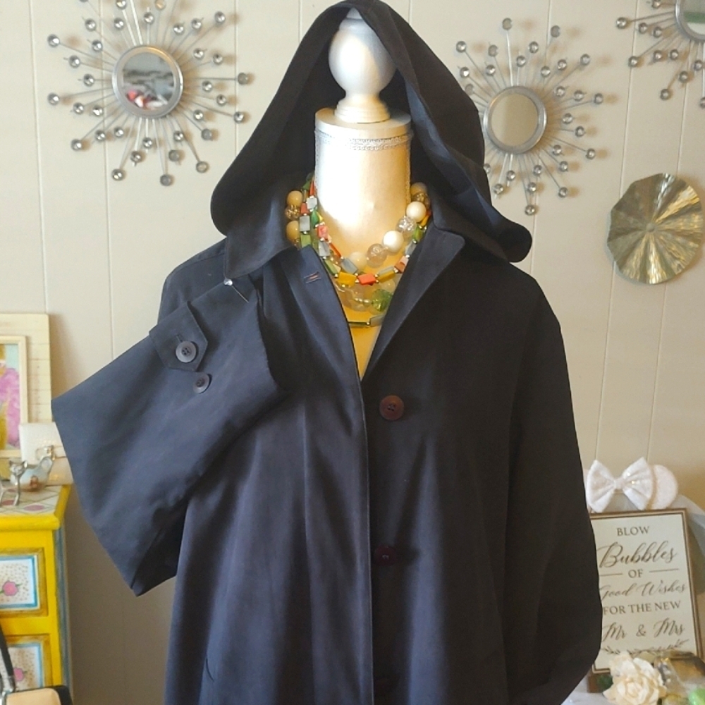 London Fog Black Faux Suede Water Resistent Hooded Trench Coat SZ Medium